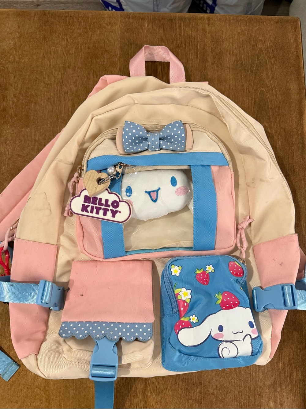 Hello Kitty Cream, Pink & Blue Kids Backpack with Cute Character Pouch